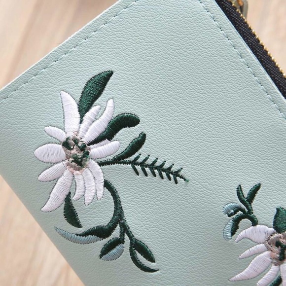Vegan Leather Robin’s Egg Blue Embroidered Wallet - Picture 7 of 9